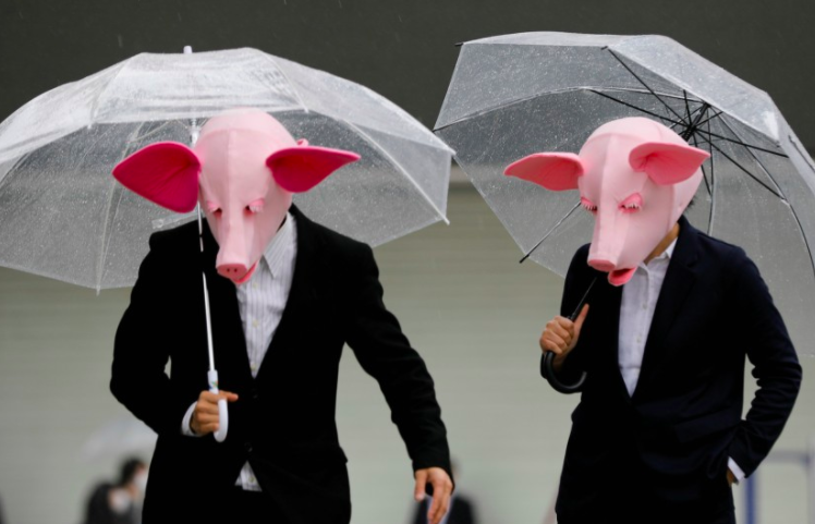 two suited people holding umbrellas wearing pig masks