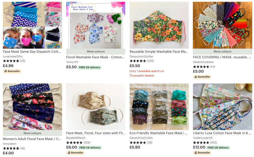 screenshot of floral face masks on etsy