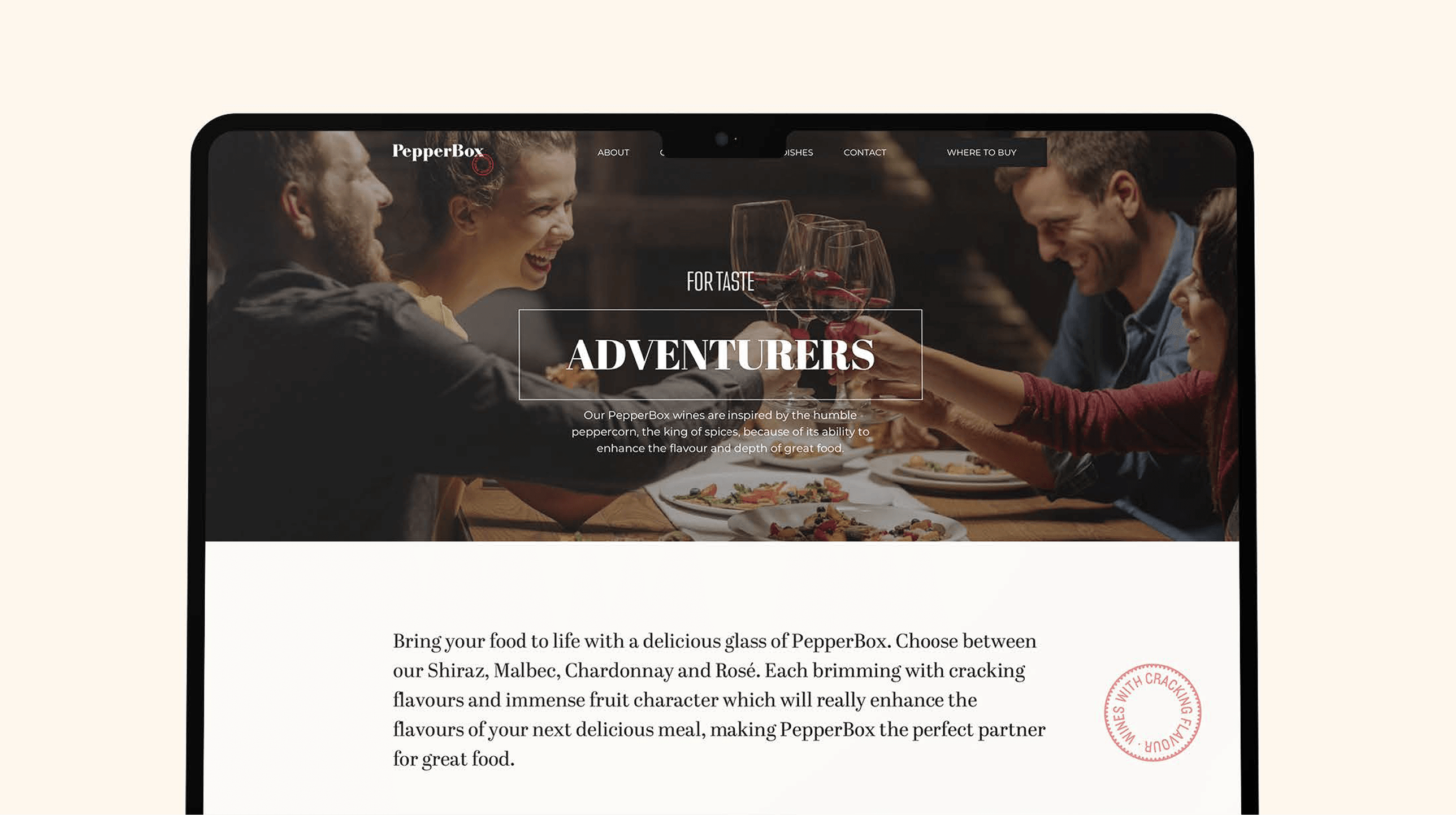 Top area of a tablet showing the PepperBox website with banner image and intro text