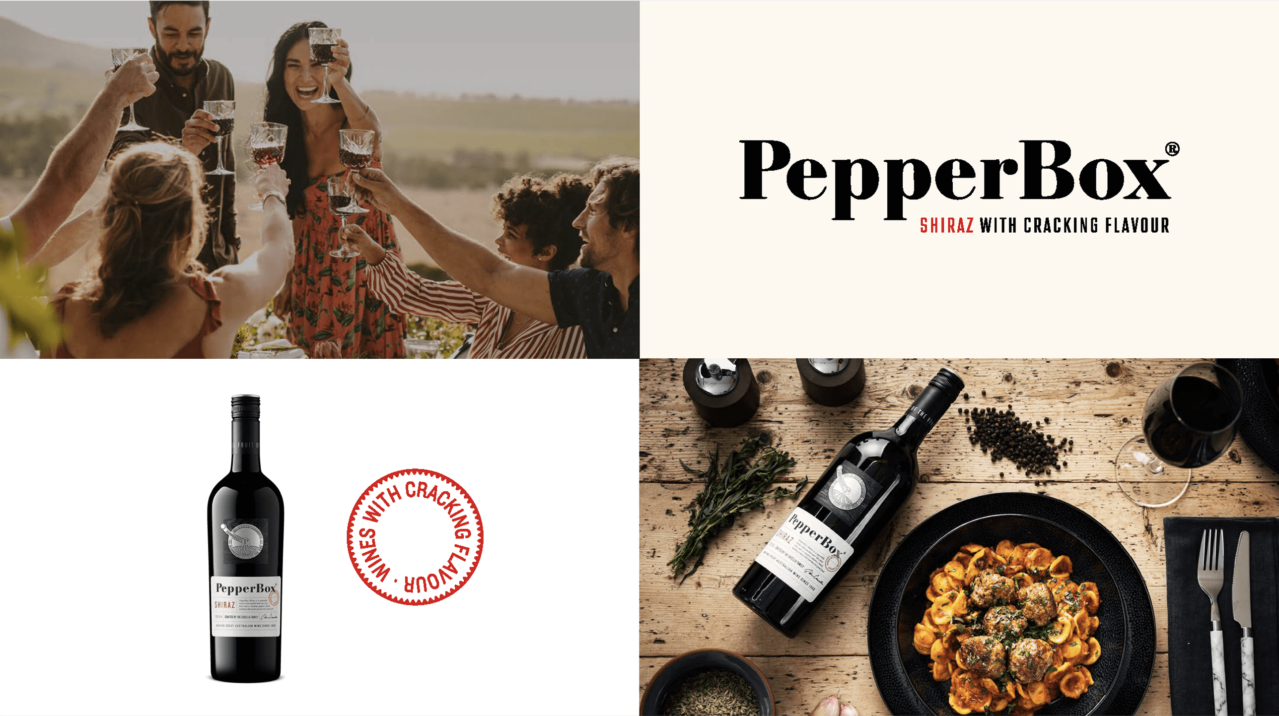 PepperBox wine bottle, people toasting and food on plate